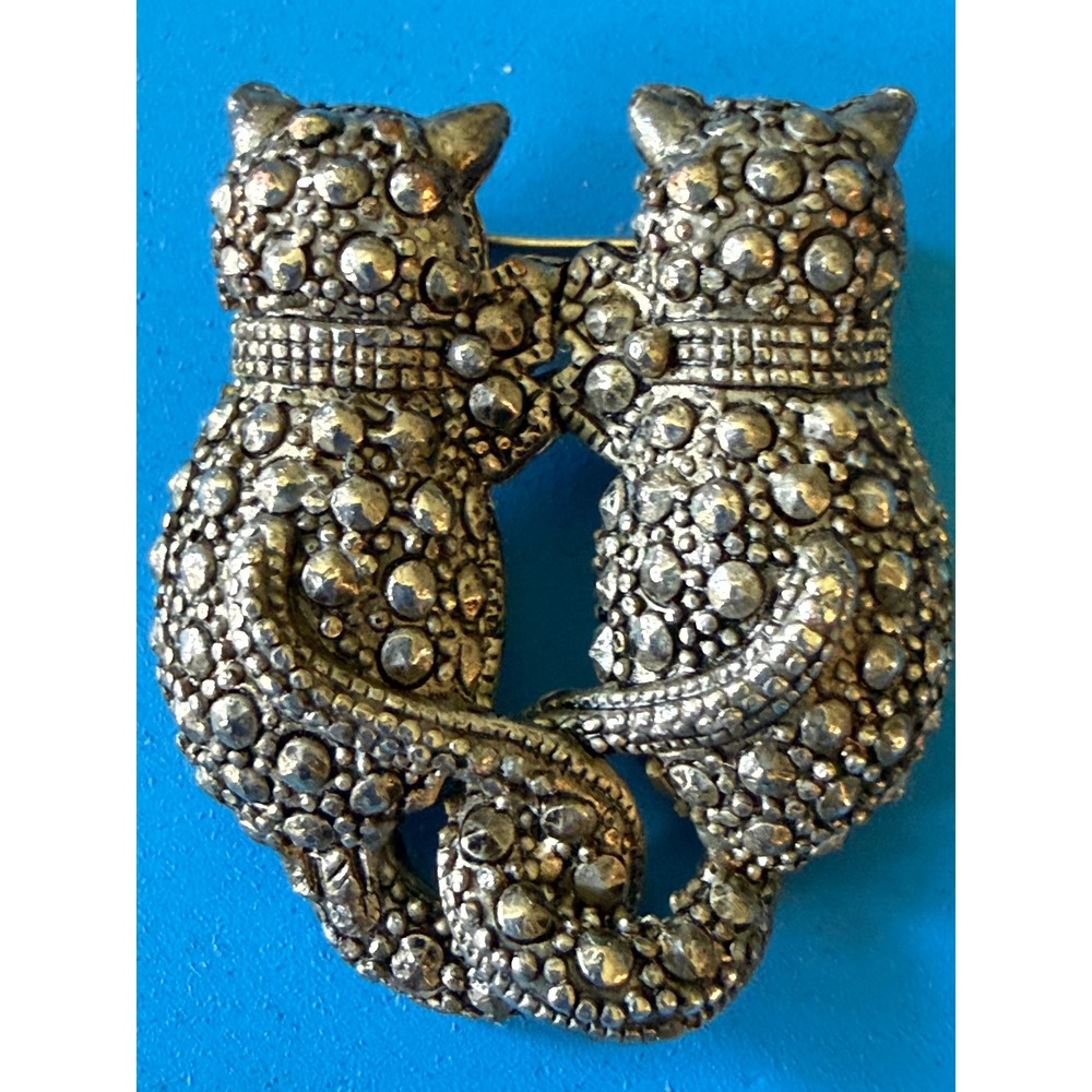 Vintage Cat Brooch Silver Tone Marcasite Style Kitten Pin